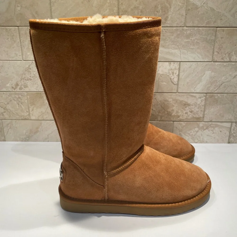 Ausland Women Mid Calf Suede Sheepskin Snow Boots Chestnut Tan Size 8.5 5116 NEW